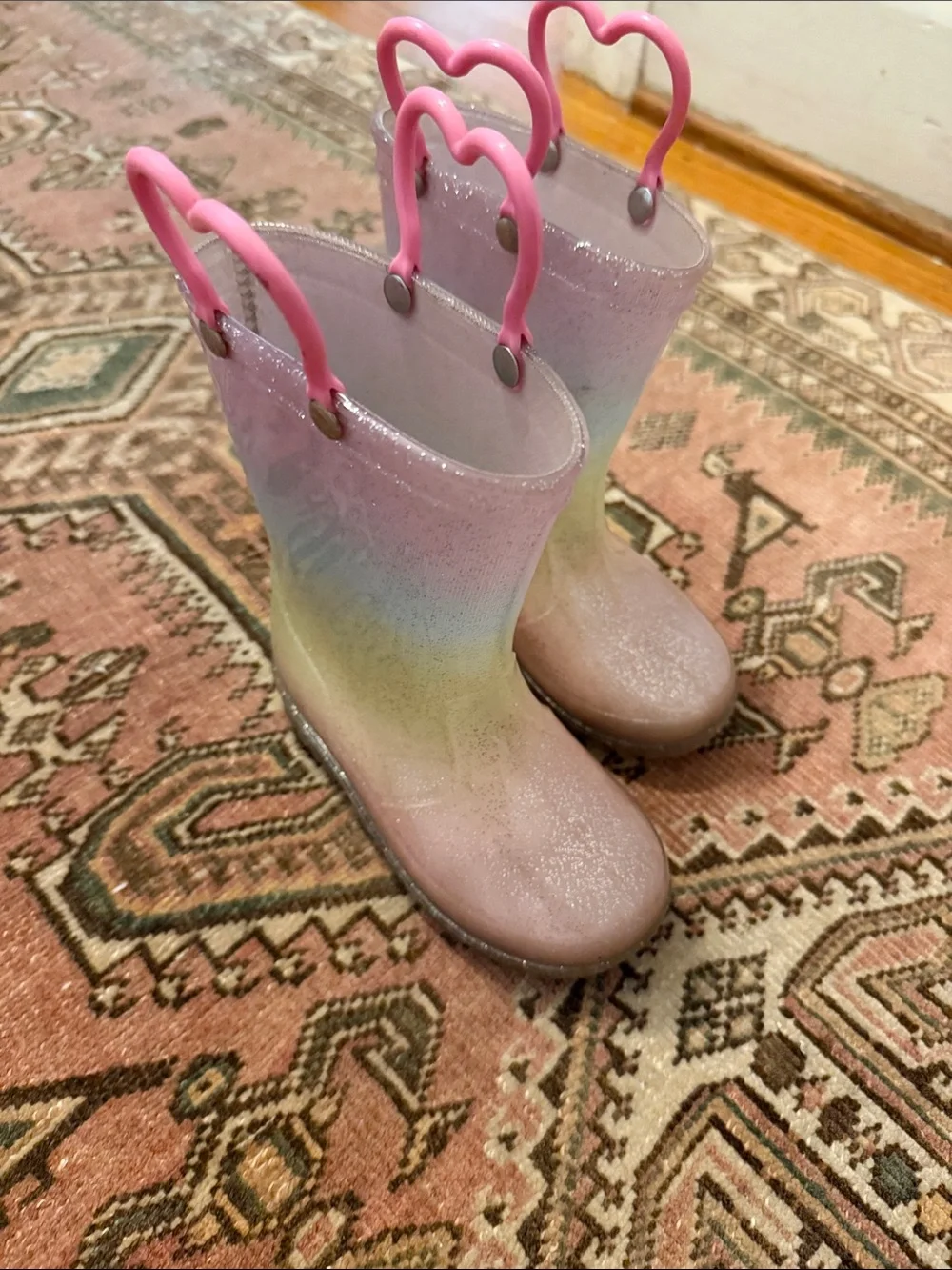 Rainbow glitter light up heart handle rain boots toddler little girl boy size 8